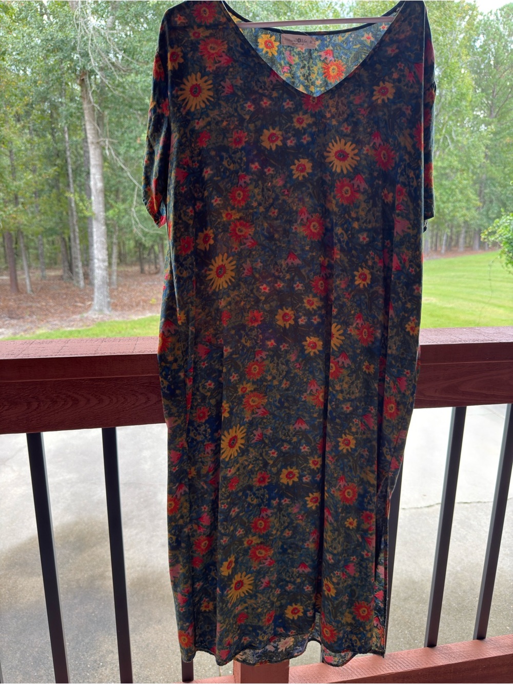 NATURAL LIFE Floral V-Neck Midi Dress in Green with Yellow & Red Flowers